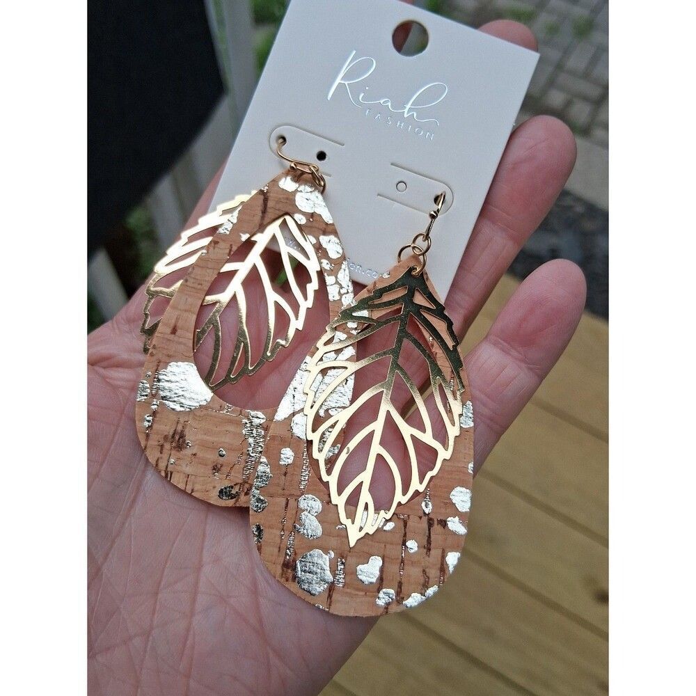 159 Earrings Cork & Metal Filigree Leaf Pattern Teardrop Dangle by Riah